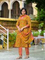 Mustard Silk Gold Foil Printed Suit Set - Elganza