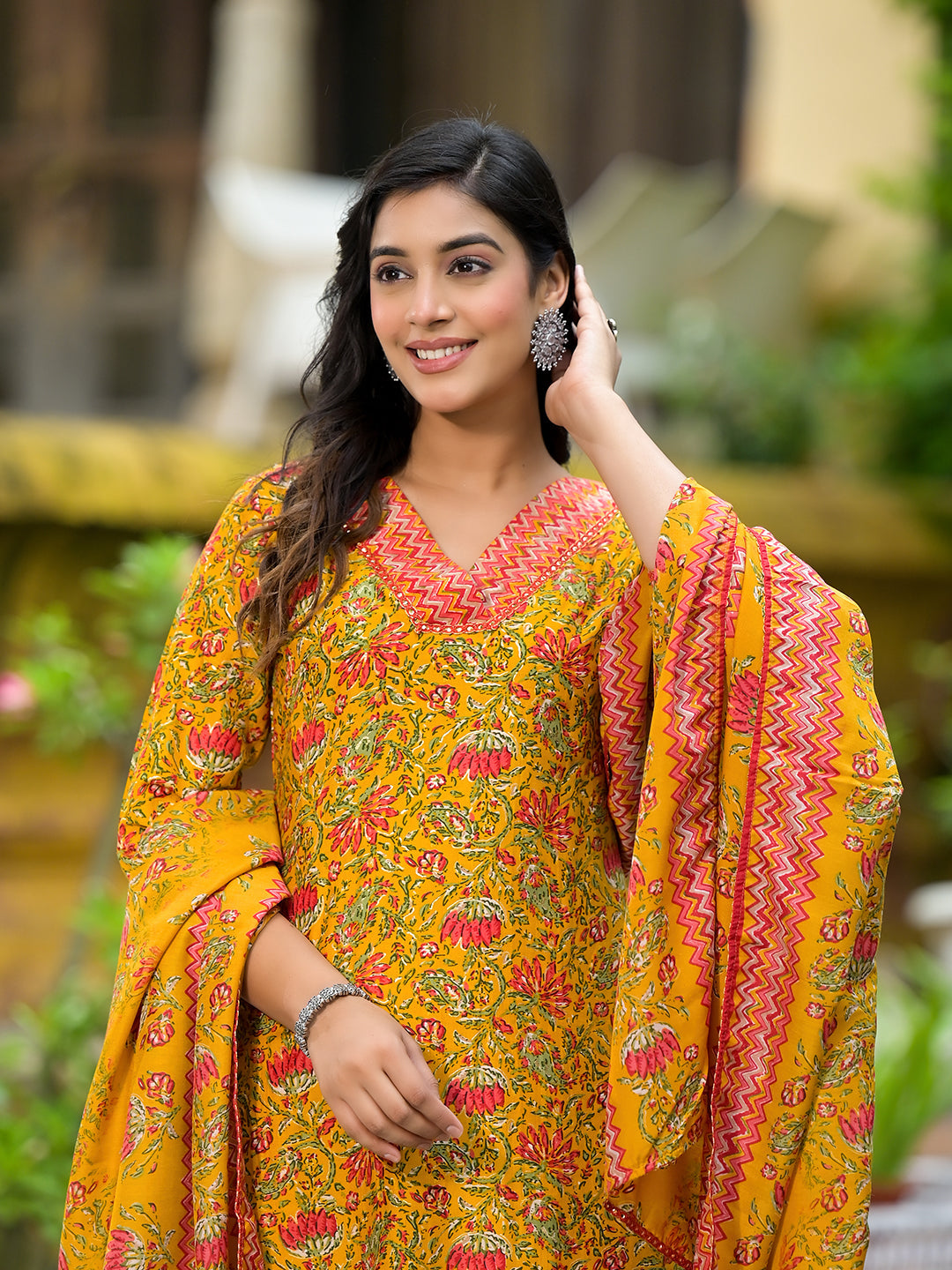 Mustard Silk Gold Foil Printed Suit Set - Elganza