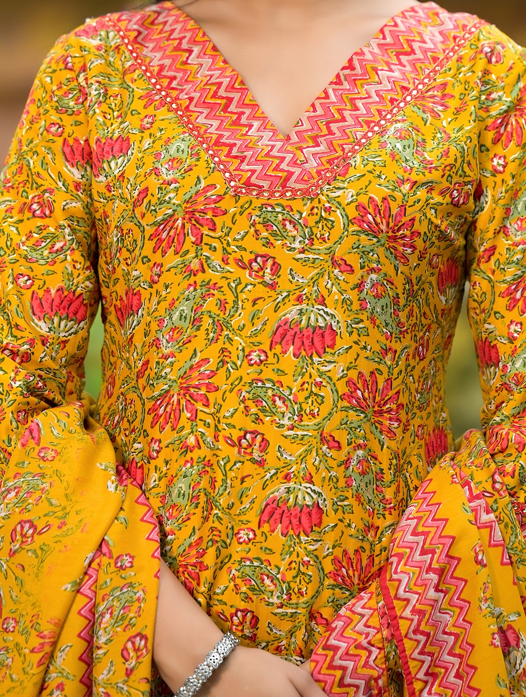 Mustard Silk Gold Foil Printed Suit Set - Elganza