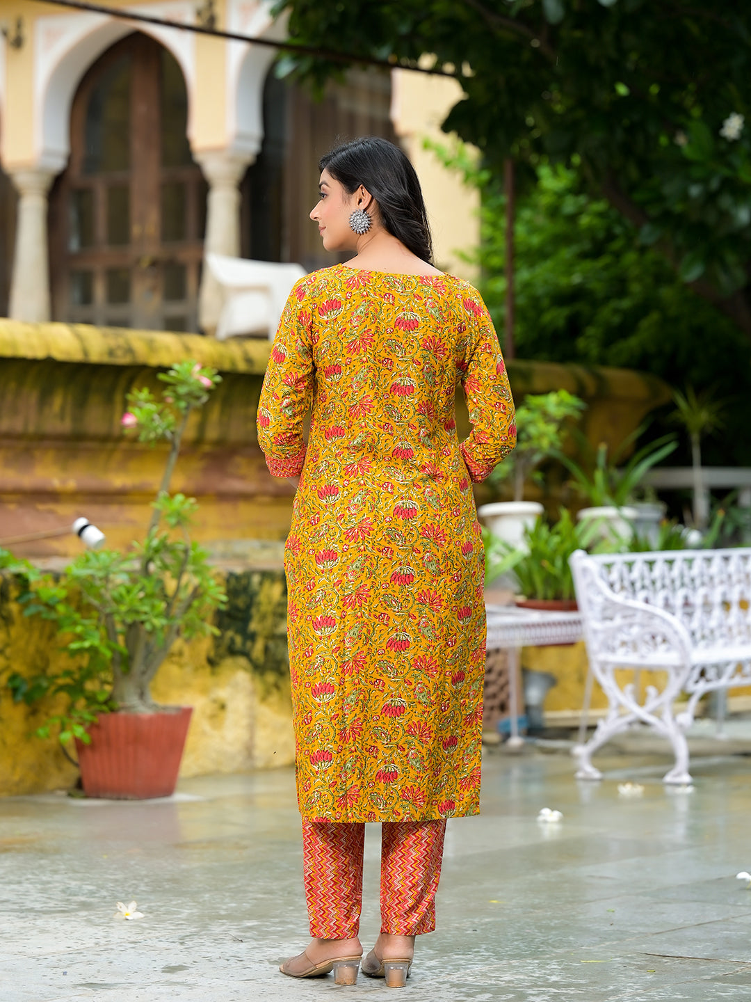 Mustard Silk Gold Foil Printed Suit Set - Elganza