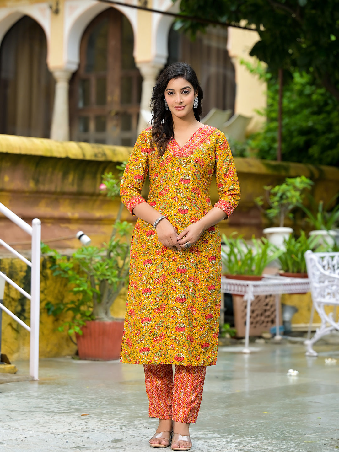 Mustard Silk Gold Foil Printed Suit Set - Elganza
