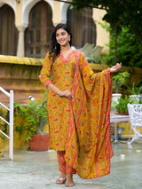 Mustard Silk Gold Foil Printed Suit Set - Elganza
