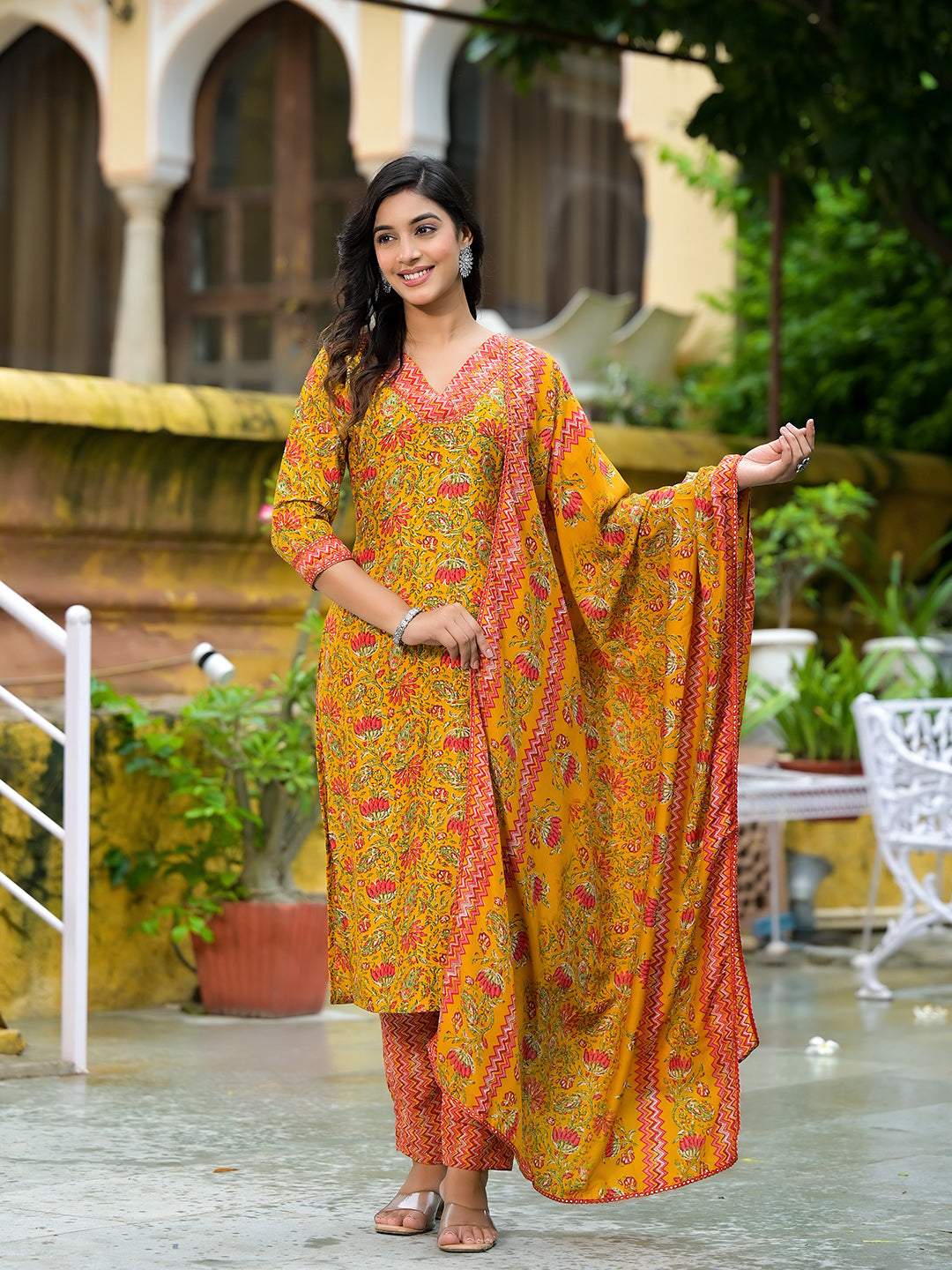 Mustard Silk Gold Foil Printed Suit Set - Elganza