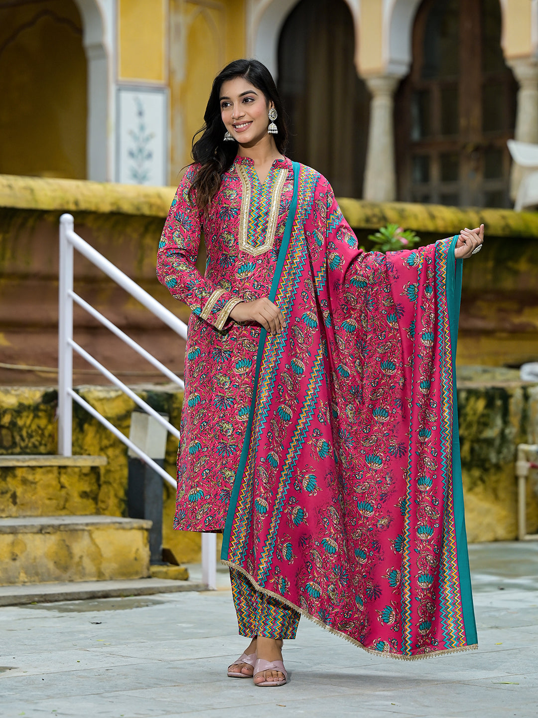 Magenta Silk Gold Foil Printed Suit Set - Elganza