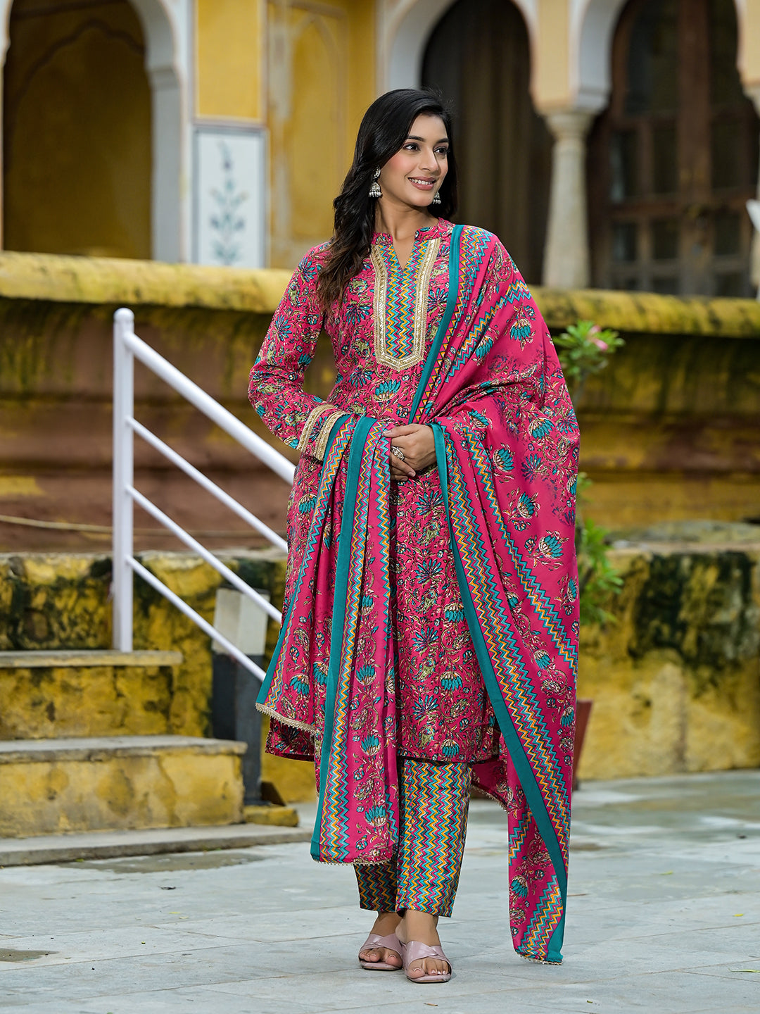 Magenta Silk Gold Foil Printed Suit Set - Elganza