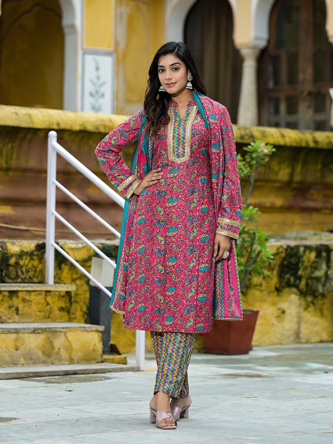 Magenta Silk Gold Foil Printed Suit Set - Elganza