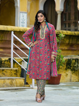 Magenta Silk Gold Foil Printed Suit Set - Elganza