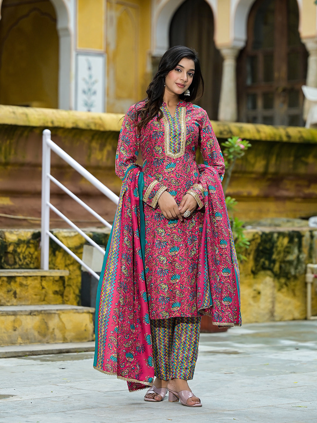 Magenta Silk Gold Foil Printed Suit Set - Elganza