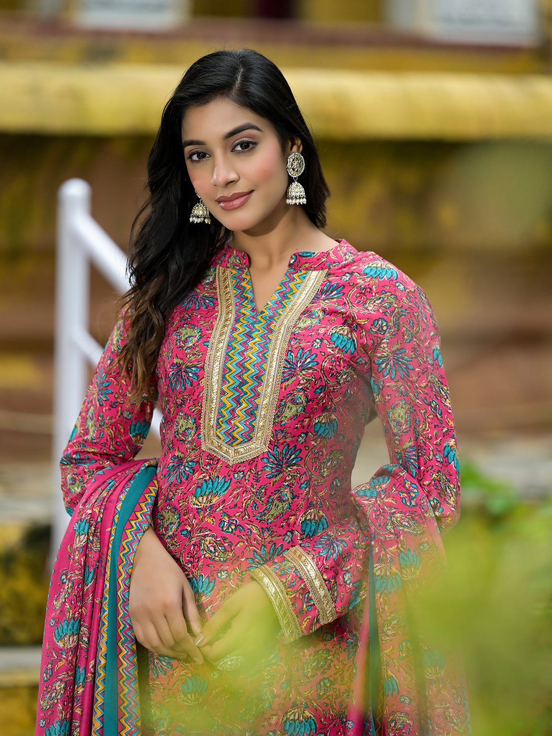 Magenta Silk Gold Foil Printed Suit Set - Elganza