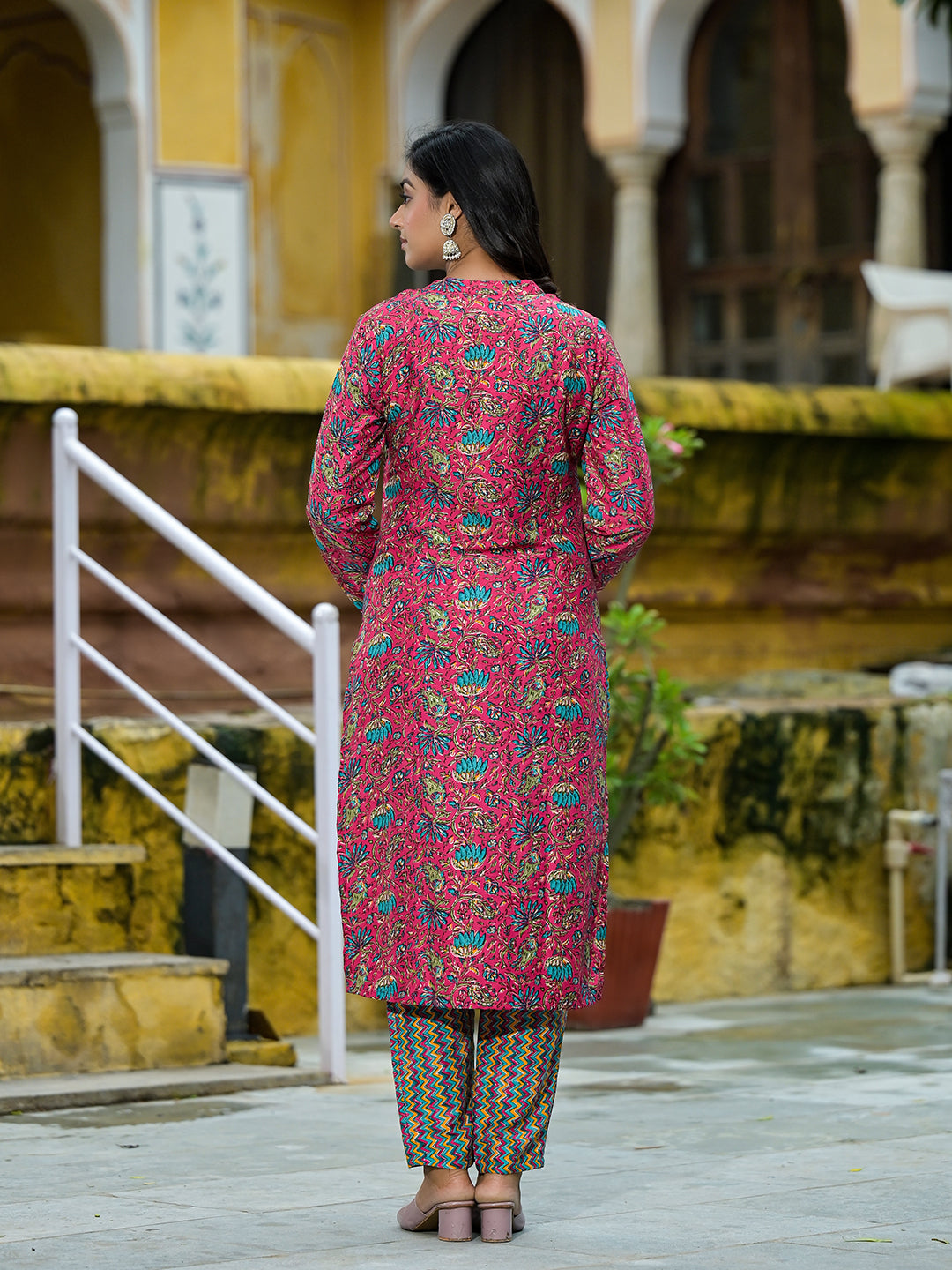 Magenta Silk Gold Foil Printed Suit Set - Elganza