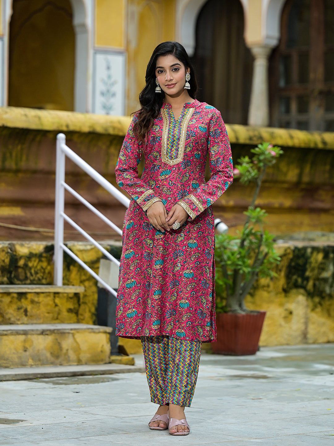 Magenta Silk Gold Foil Printed Suit Set - Elganza
