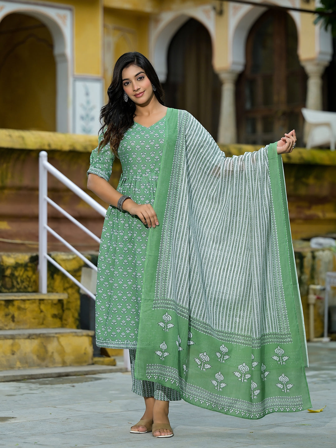 Mint Green A-Line Nyra Kurta pant Suit Set with Dupatta - Elganza
