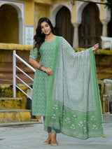 Mint Green A-Line Nyra Kurta pant Suit Set with Dupatta - Elganza