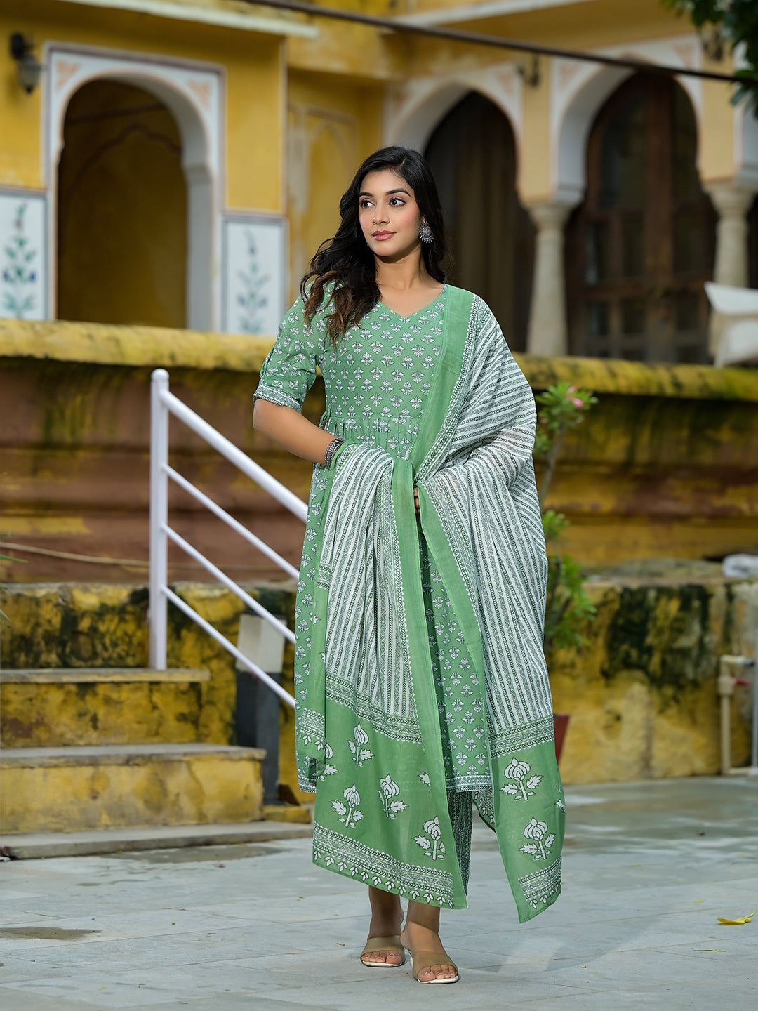 Mint Green A-Line Nyra Kurta pant Suit Set with Dupatta - Elganza