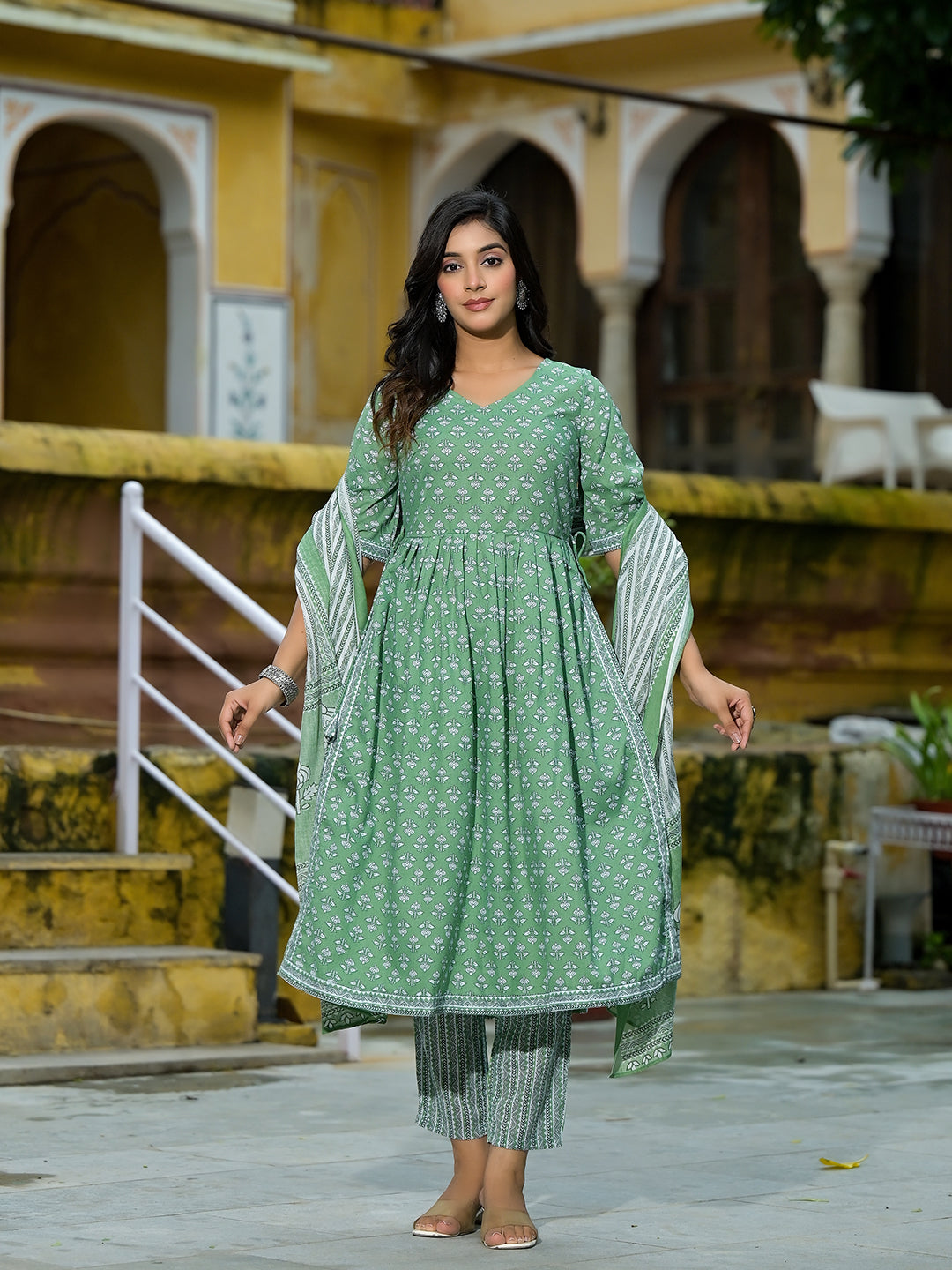 Mint Green A-Line Nyra Kurta pant Suit Set with Dupatta - Elganza
