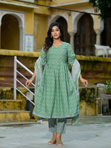 Mint Green A-Line Nyra Kurta pant Suit Set with Dupatta - Elganza