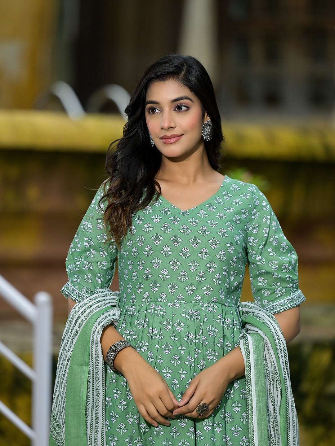 Mint Green A-Line Nyra Kurta pant Suit Set with Dupatta - Elganza