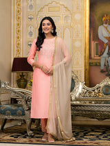 Peach Gota Patti Silk Kurta Set with Dupatta - Elganza