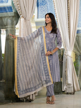 Grey melange Kota Doria A-Line Kurta Set with Dupatta - Elganza