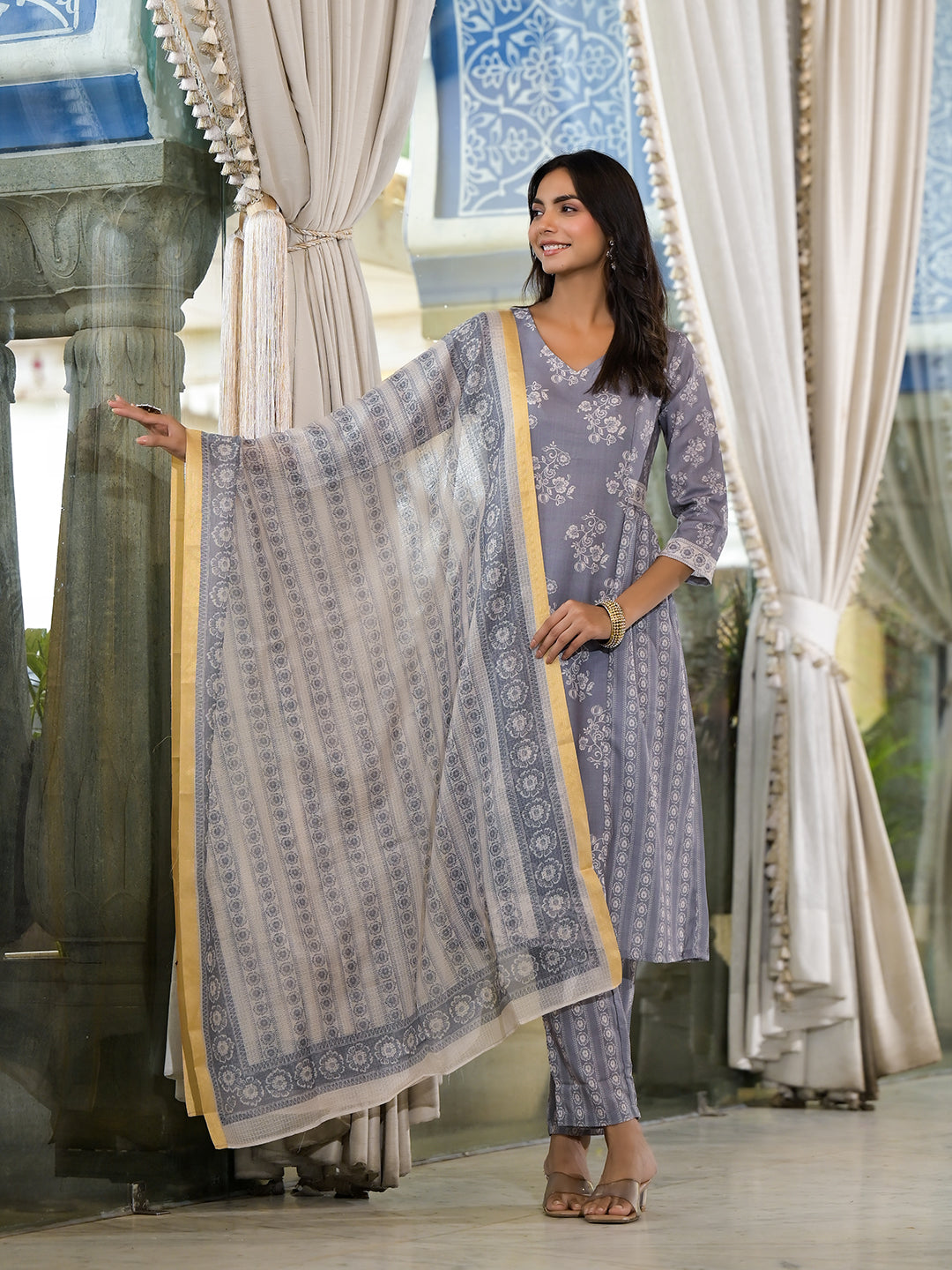 Grey melange Kota Doria A-Line Kurta Set with Dupatta - Elganza