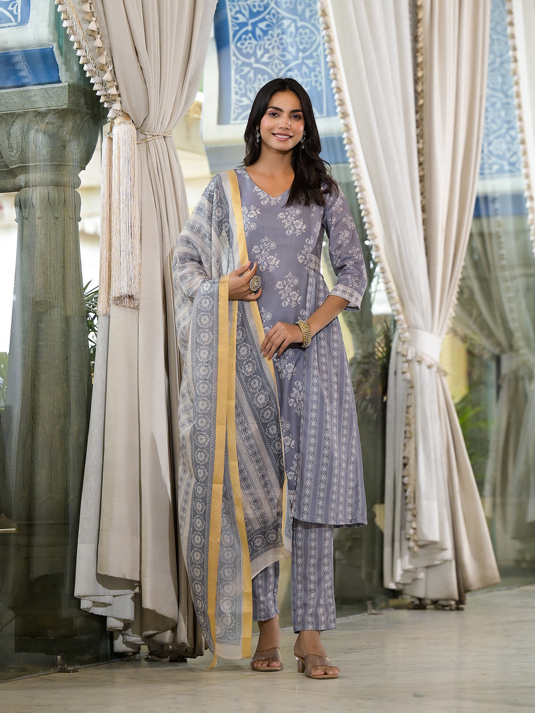 Grey melange Kota Doria A-Line Kurta Set with Dupatta - Elganza