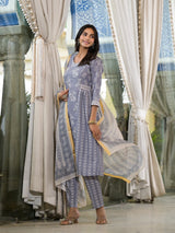 Grey melange Kota Doria A-Line Kurta Set with Dupatta - Elganza