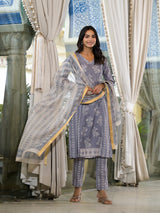 Grey melange Kota Doria A-Line Kurta Set with Dupatta - Elganza