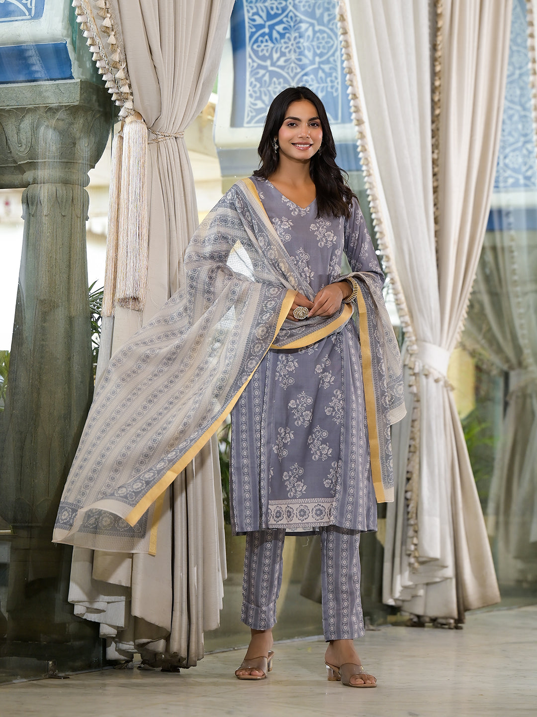Grey melange Kota Doria A-Line Kurta Set with Dupatta - Elganza