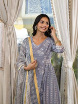 Grey melange Kota Doria A-Line Kurta Set with Dupatta - Elganza
