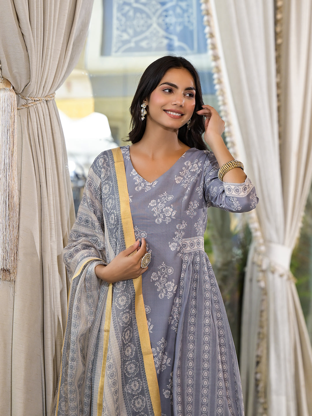 Grey melange Kota Doria A-Line Kurta Set with Dupatta - Elganza