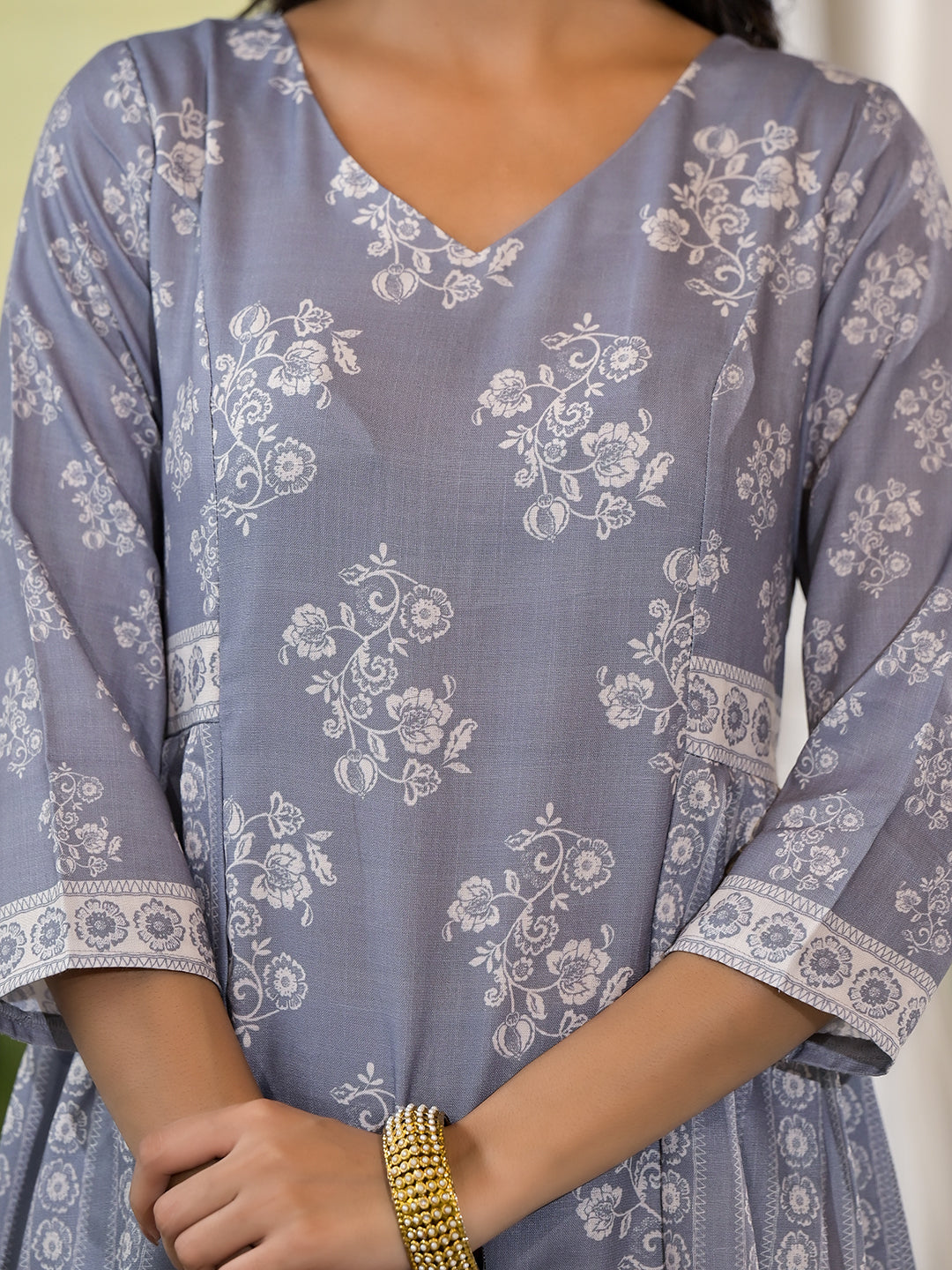 Grey melange Kota Doria A-Line Kurta Set with Dupatta - Elganza