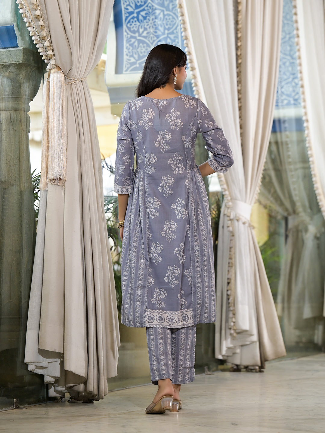 Grey melange Kota Doria A-Line Kurta Set with Dupatta - Elganza