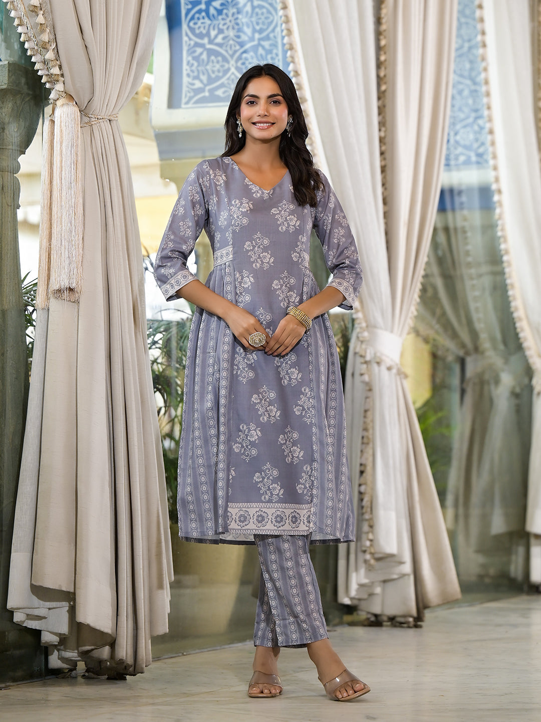 Grey melange Kota Doria A-Line Kurta Set with Dupatta - Elganza
