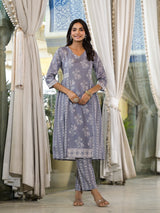 Grey melange Kota Doria A-Line Kurta Set with Dupatta - Elganza