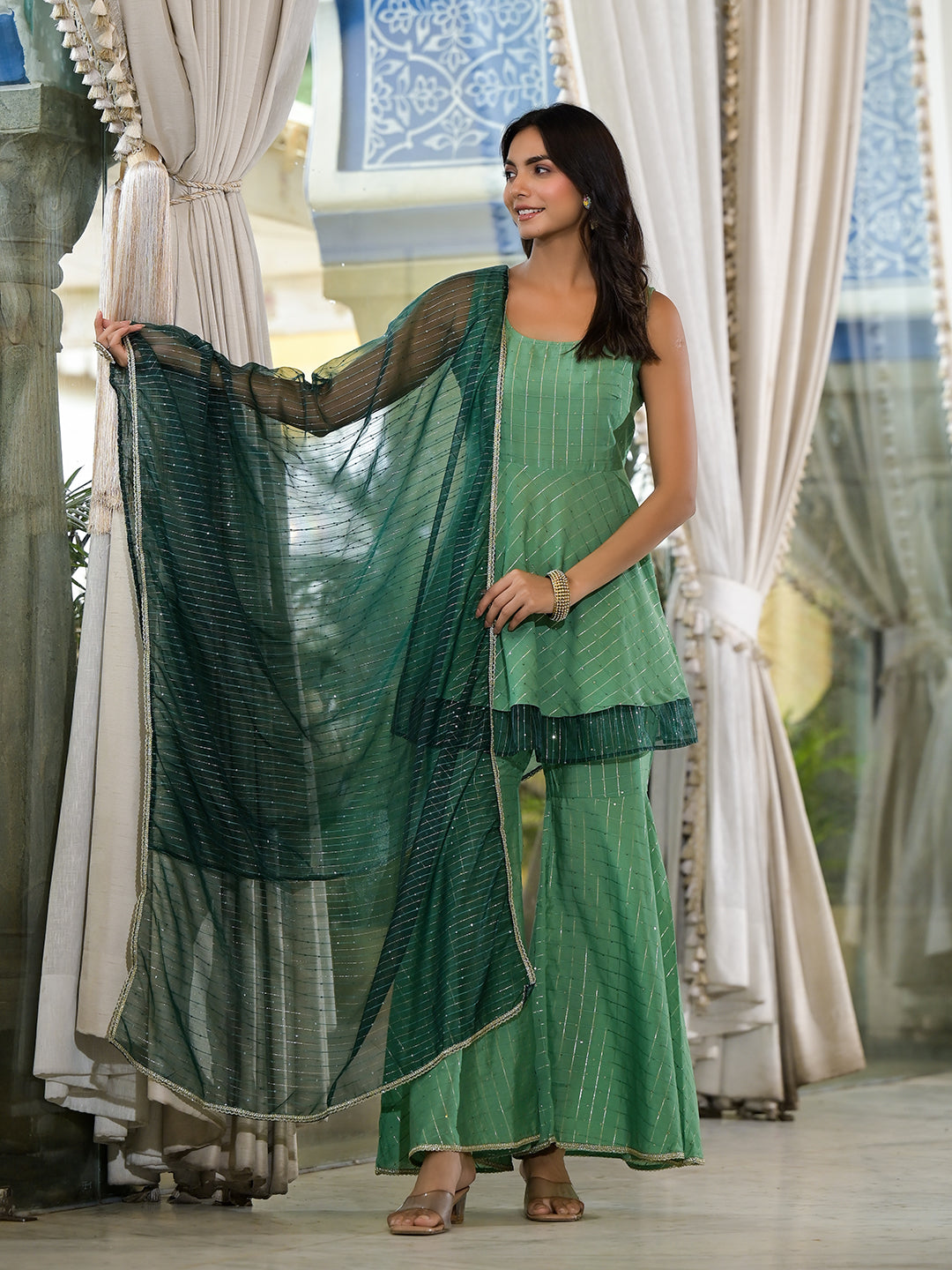 Green Lurex Sharara with A-line Kurta - Elganza