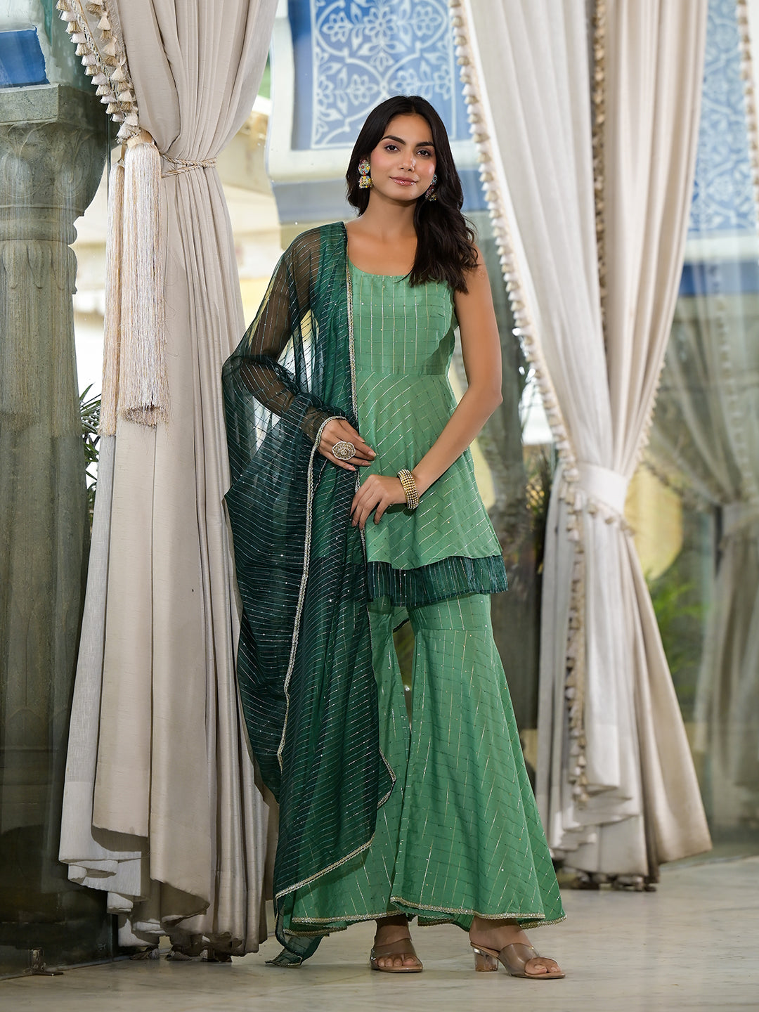 Green Lurex Sharara with A-line Kurta - Elganza
