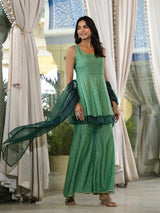 Green Lurex Sharara with A-line Kurta - Elganza