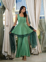 Green Lurex Sharara with A-line Kurta - Elganza