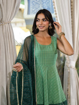Green Lurex Sharara with A-line Kurta - Elganza
