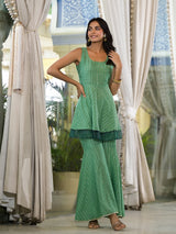 Green Lurex Sharara with A-line Kurta - Elganza