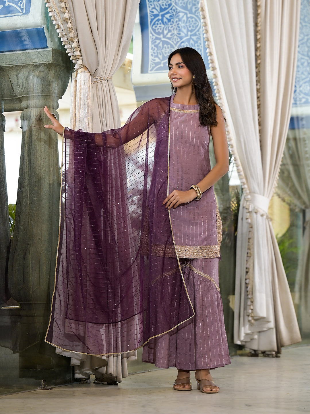 Purple Lurex Kurta Sharara With Organza Dupatta - Elganza