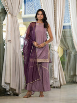 Purple Lurex Kurta Sharara With Organza Dupatta - Elganza
