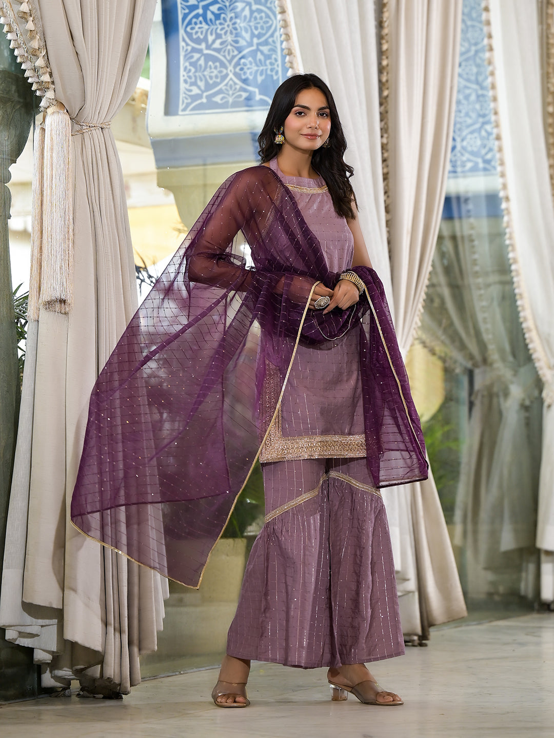 Purple Lurex Kurta Sharara With Organza Dupatta - Elganza
