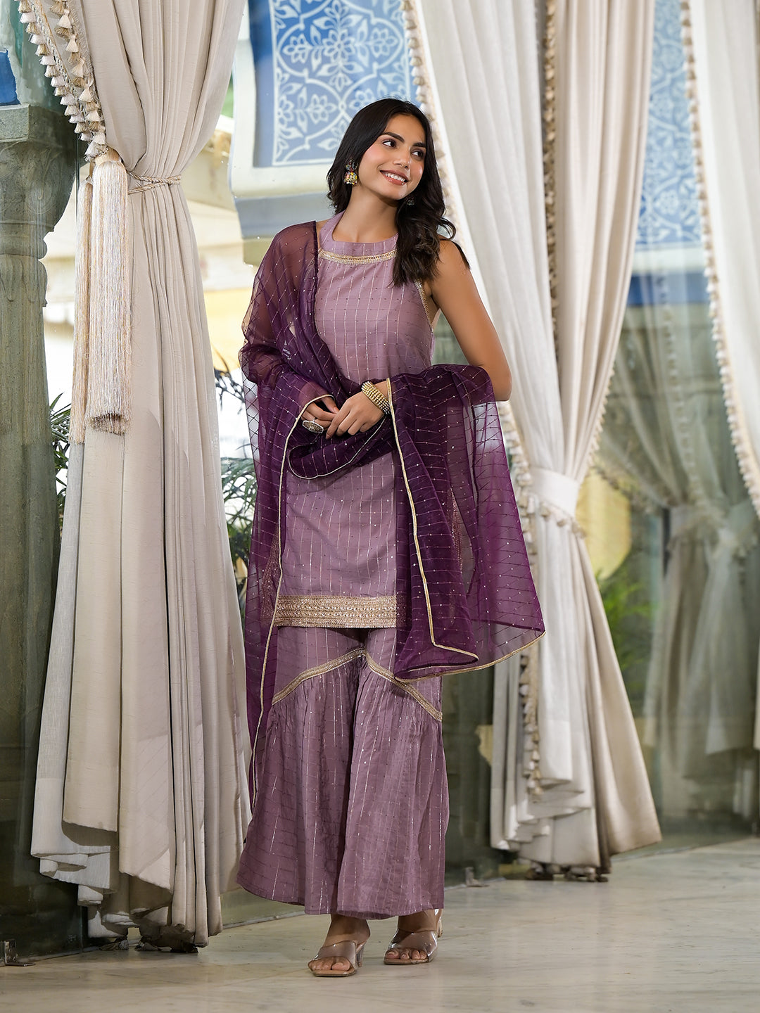 Purple Lurex Kurta Sharara With Organza Dupatta - Elganza