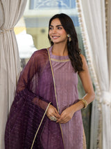 Purple Lurex Kurta Sharara With Organza Dupatta - Elganza