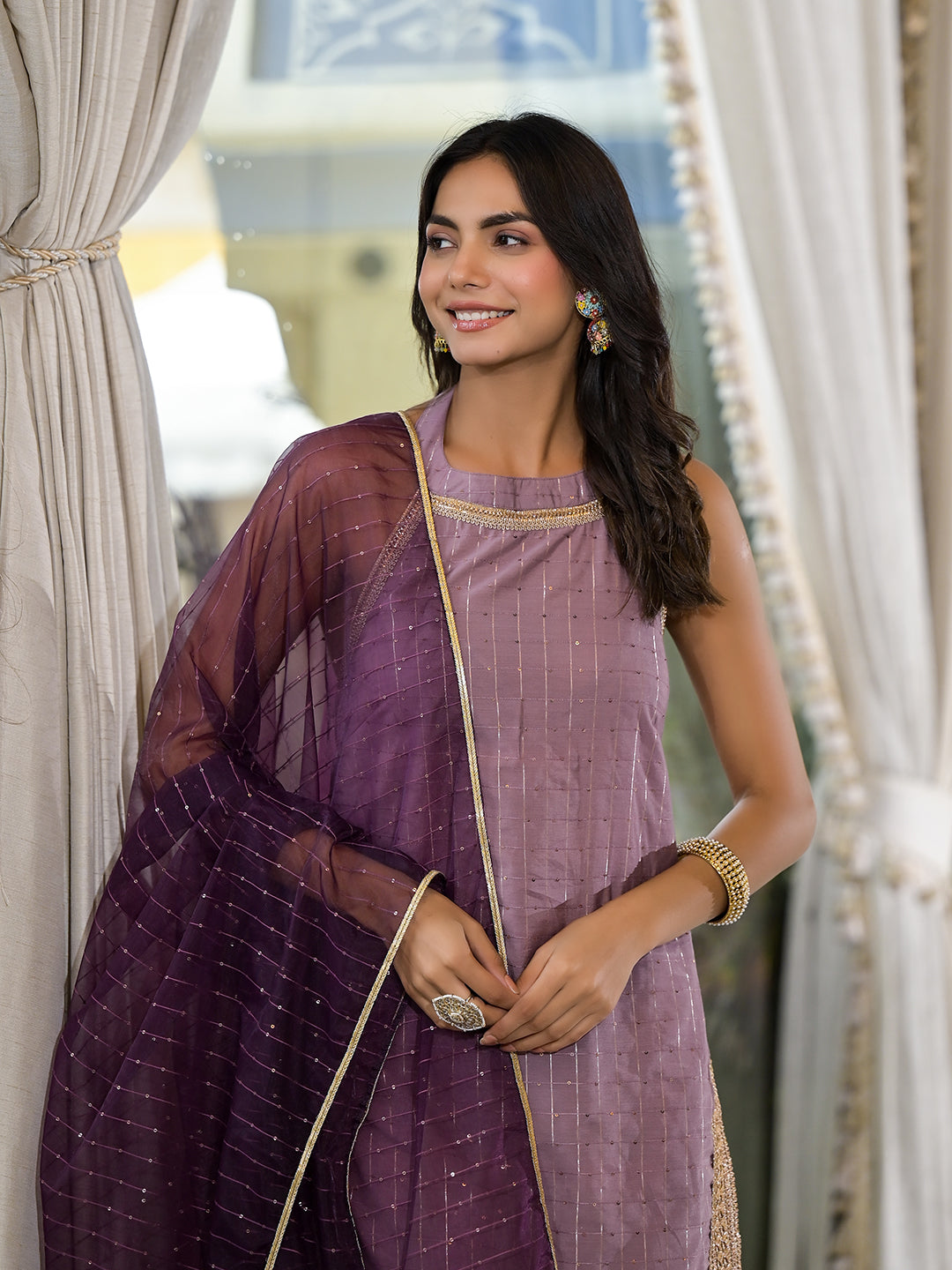 Purple Lurex Kurta Sharara With Organza Dupatta - Elganza