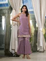 Purple Lurex Kurta Sharara With Organza Dupatta - Elganza