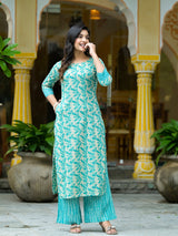 Off-White Turquoise Printed  Cotton kurta - Elganza