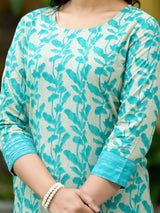 Off-White Turquoise Printed  Cotton kurta - Elganza