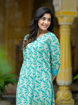 Off-White Turquoise Printed  Cotton kurta - Elganza